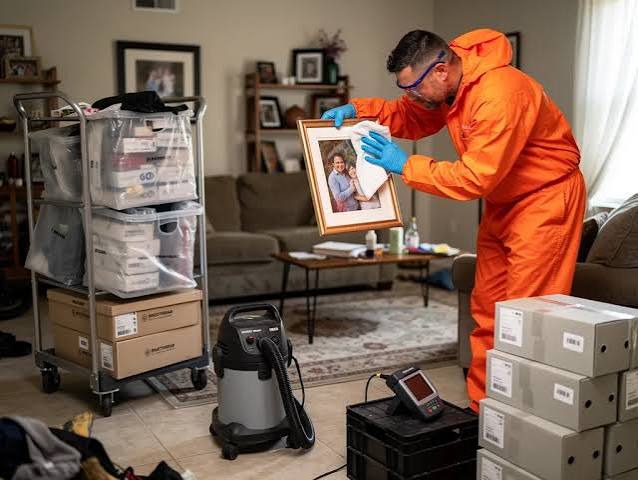 A technician in protective gear carefully cleaning a family photo during a contents pack-out