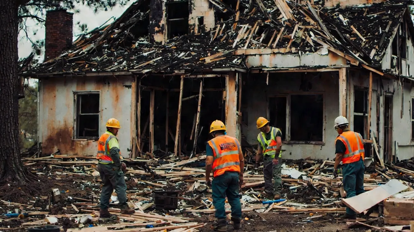 A restoration crew assessing a home destroyed by wildfire